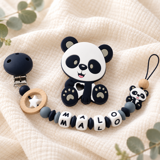 Attache sucette personnalisée Panda et étoile – silicone