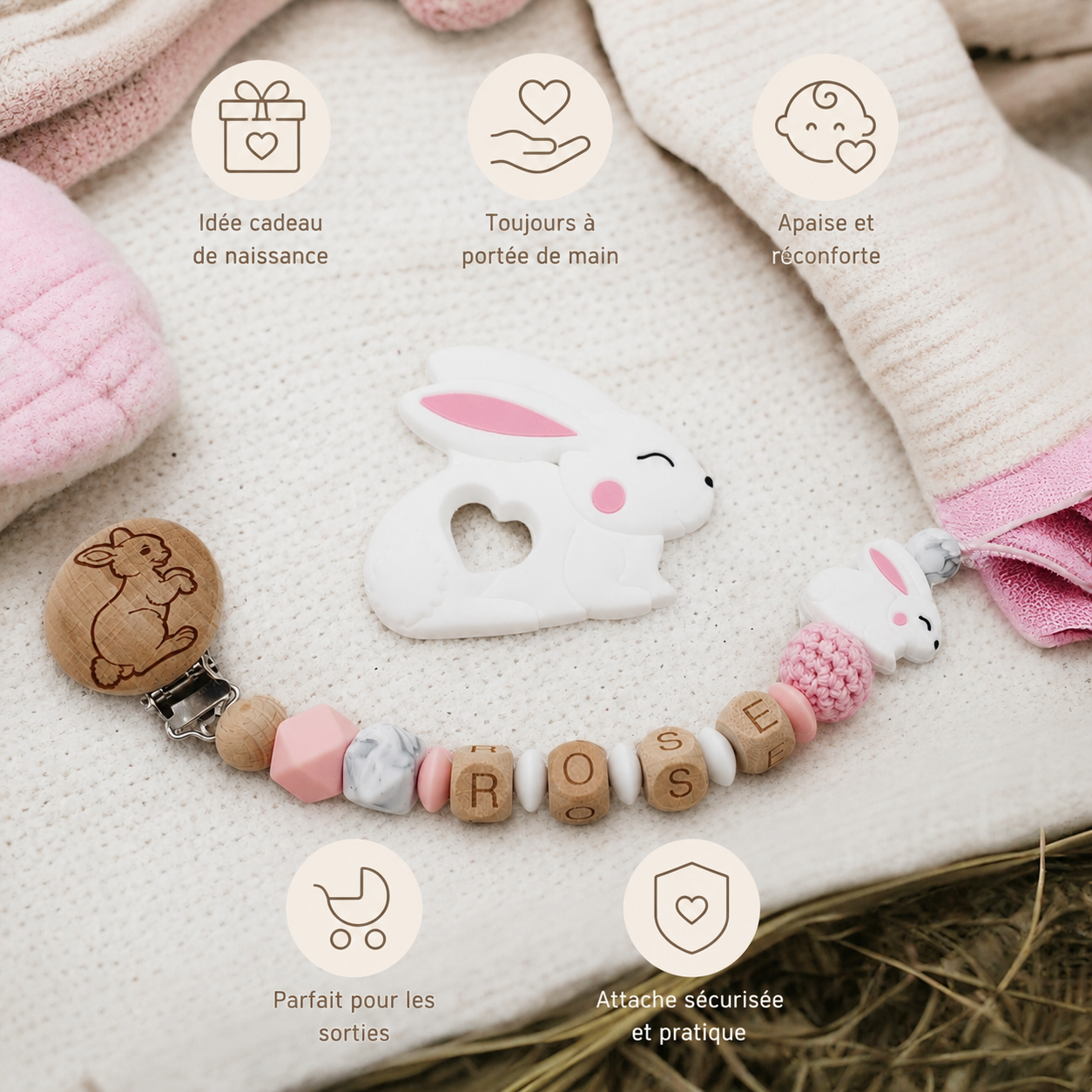 Attache sucette personnalisée lapin gravé – bois et silicone