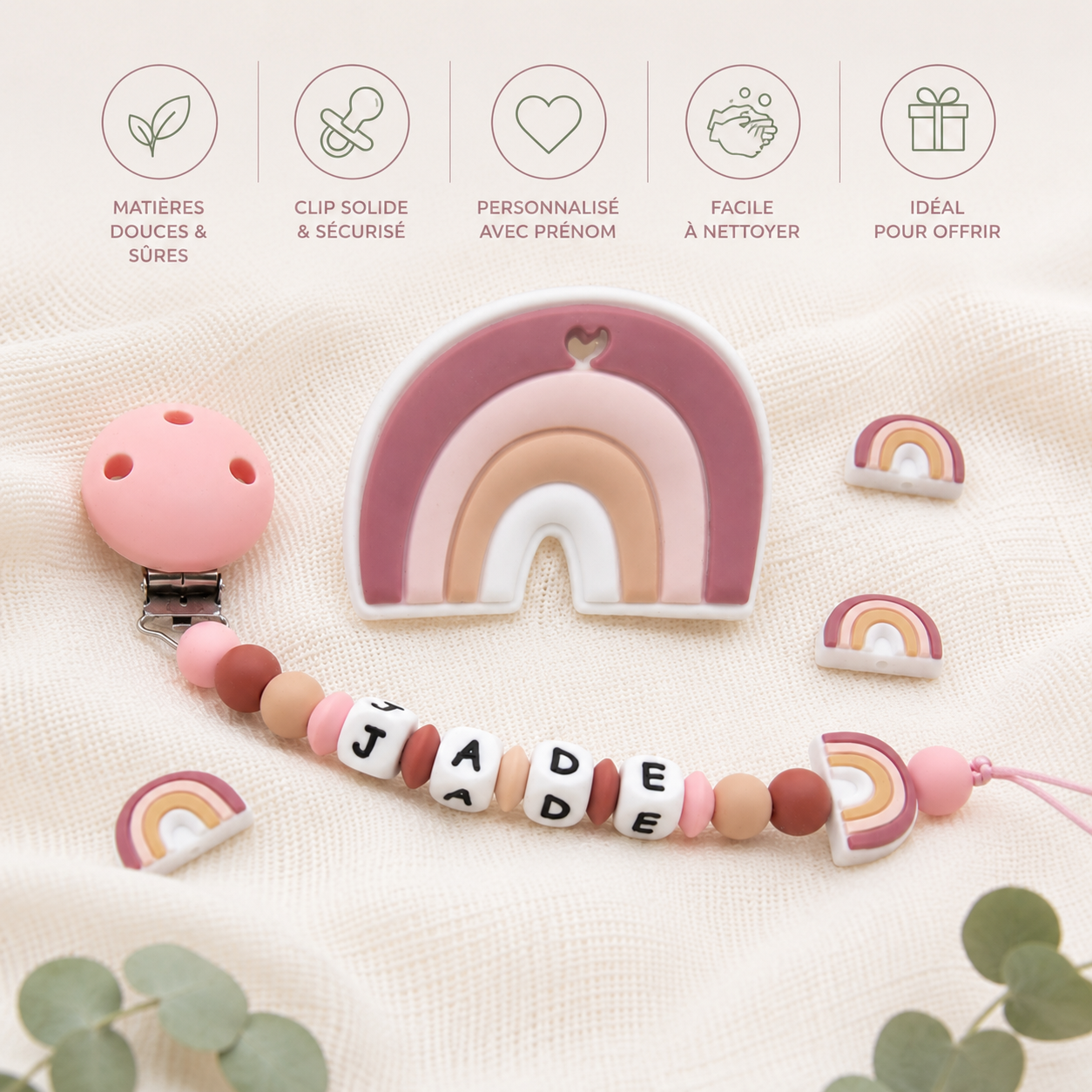 Attache sucette personnalisée Arc en ciel – silicone