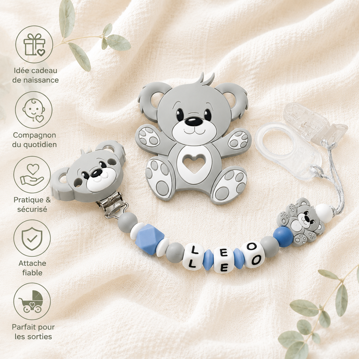 Attache sucette personnalisée ourson – silicone