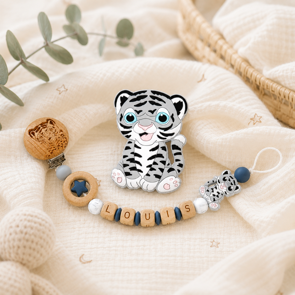 Attache sucette personnalisée tigre gravé – bois et silicone