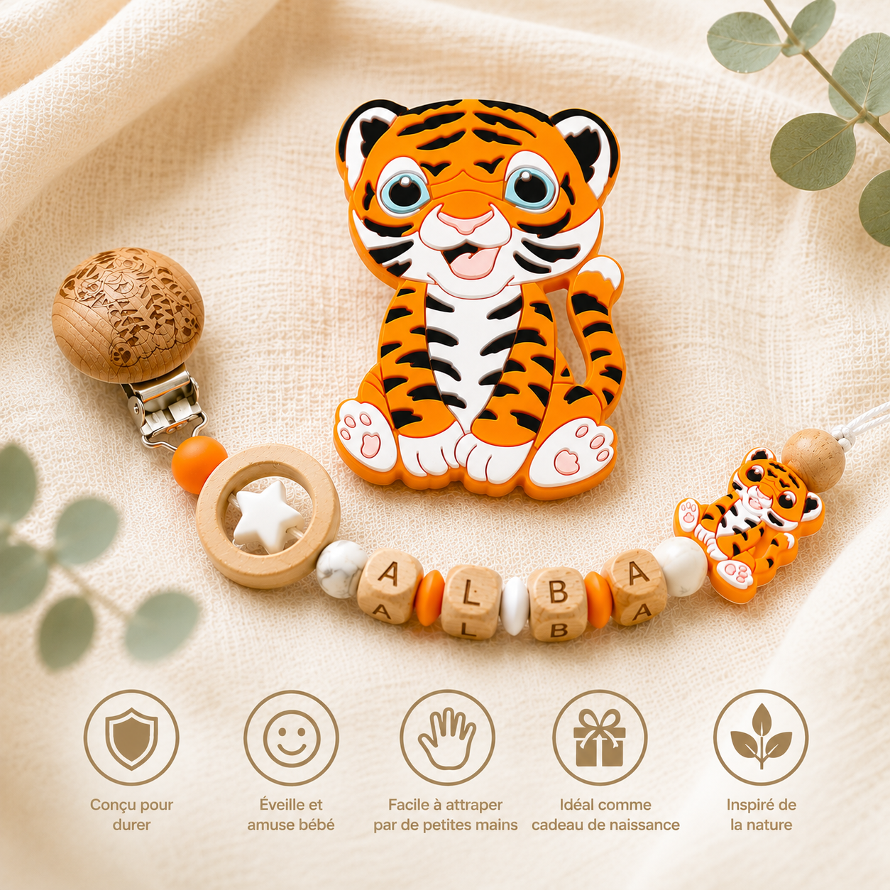 Attache sucette personnalisée tigre gravé – bois et silicone