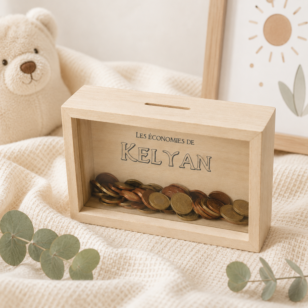 Tirelire personnalisée enfant en bois avec prénom – Cadeau naissance, baptême ou anniversaire
