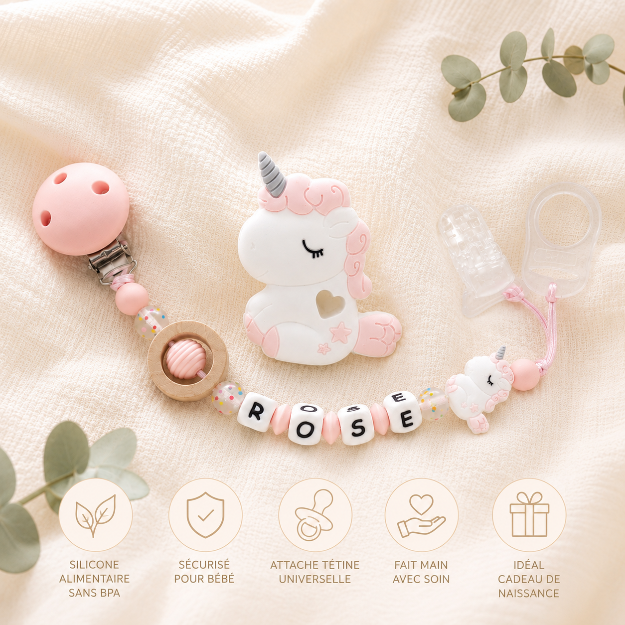 Attache sucette personnalisée Licorne – silicone