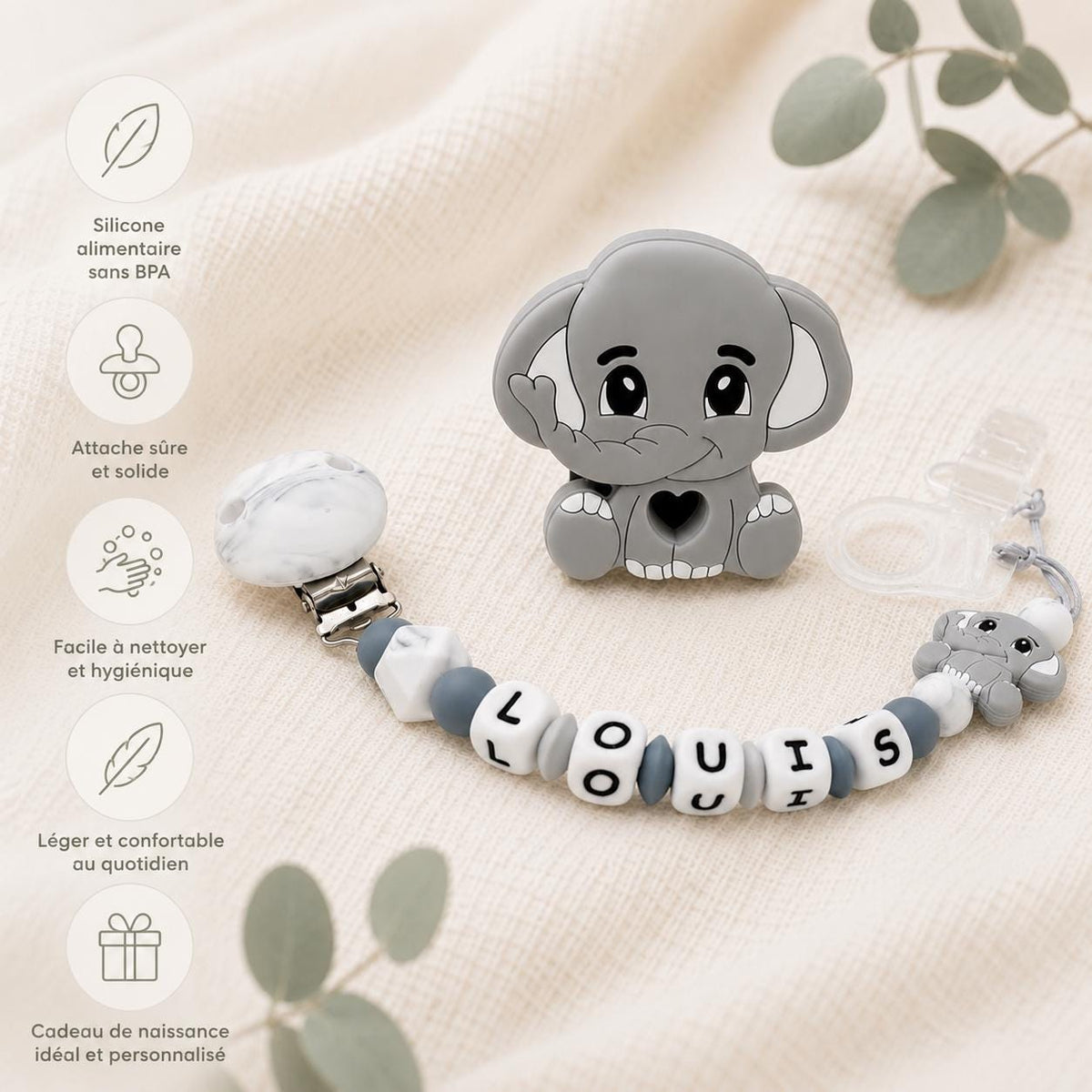 Attache sucette personnalisée éléphant – silicone et bois – vue 5