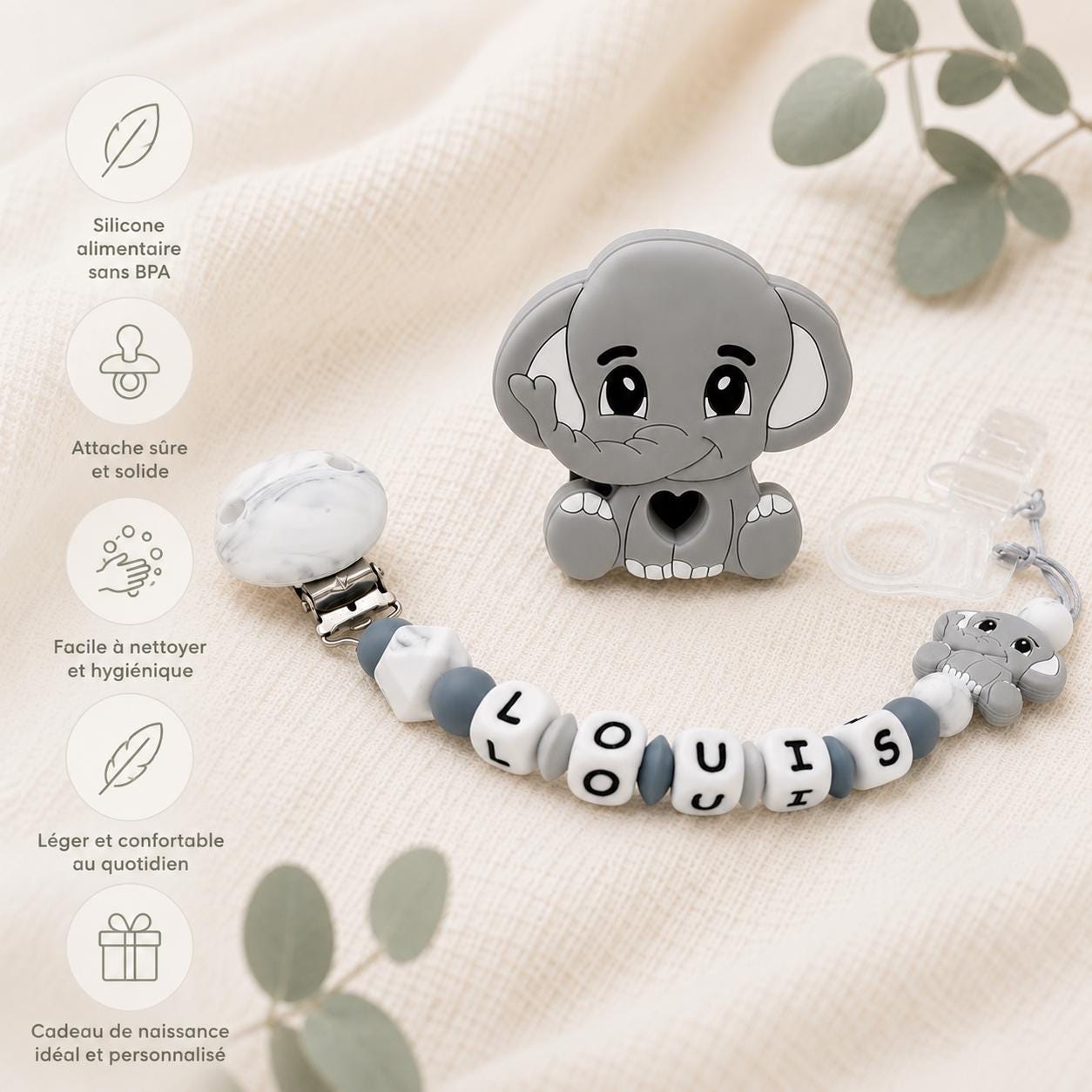 Attache sucette personnalisée éléphant – silicone et bois – vue 5
