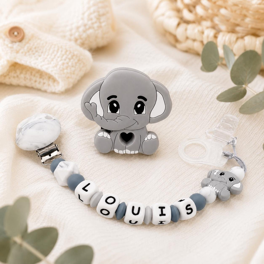 Attache sucette personnalisée éléphant – silicone et bois – vue 2