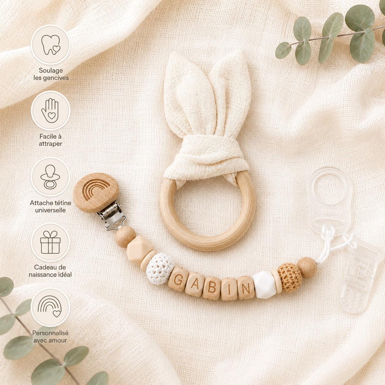 Attache sucette personnalisée lapin naturel – bois et silicone – vue 8