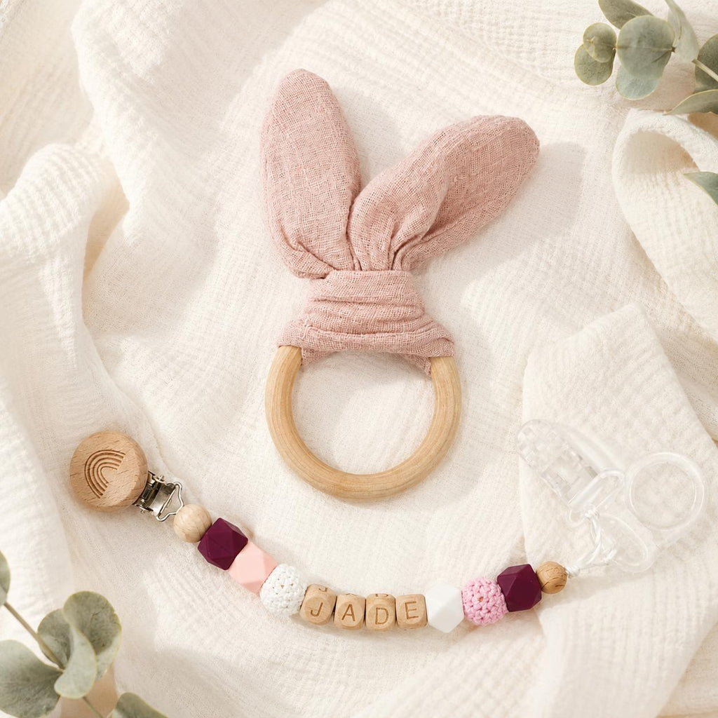 Attache sucette personnalisée lapin naturel – bois et silicone – vue 6
