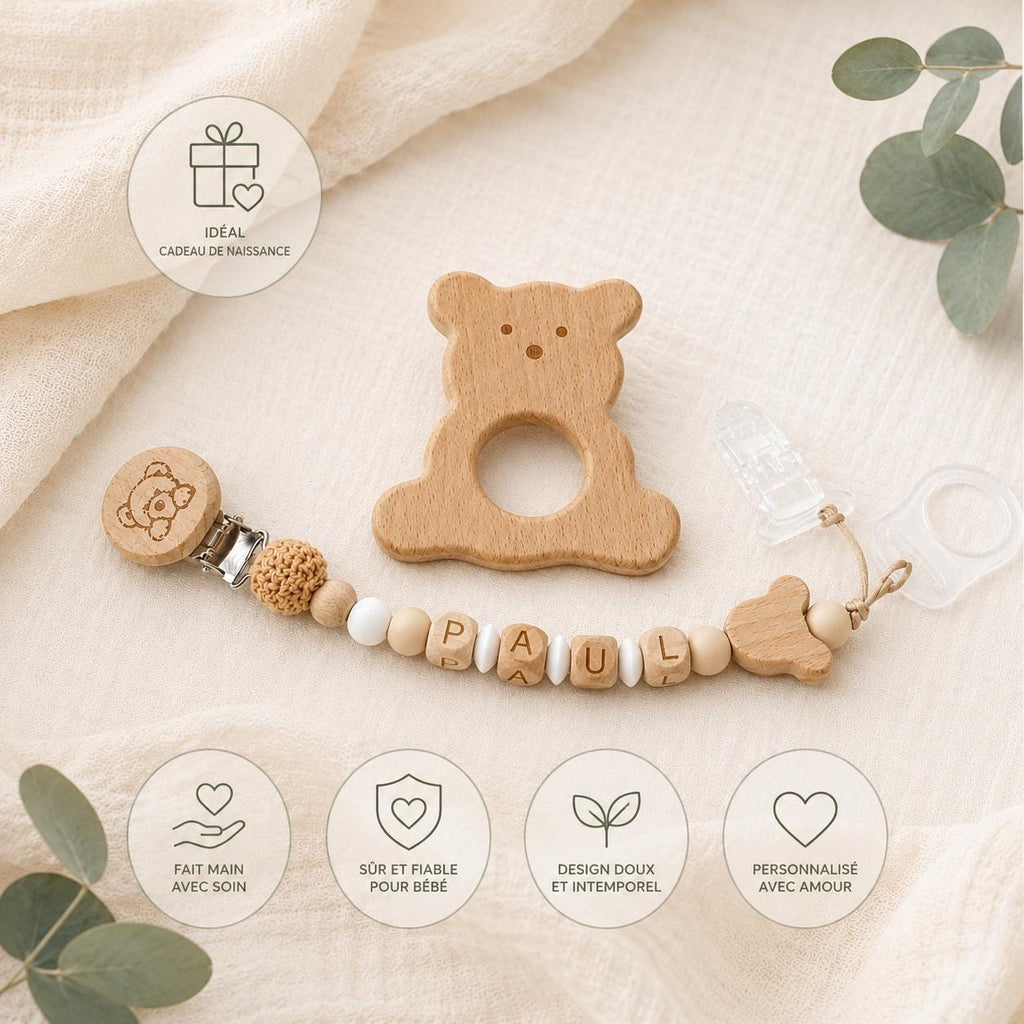 Attache sucette personnalisée ourson naturel – bois et silicone – vue 5