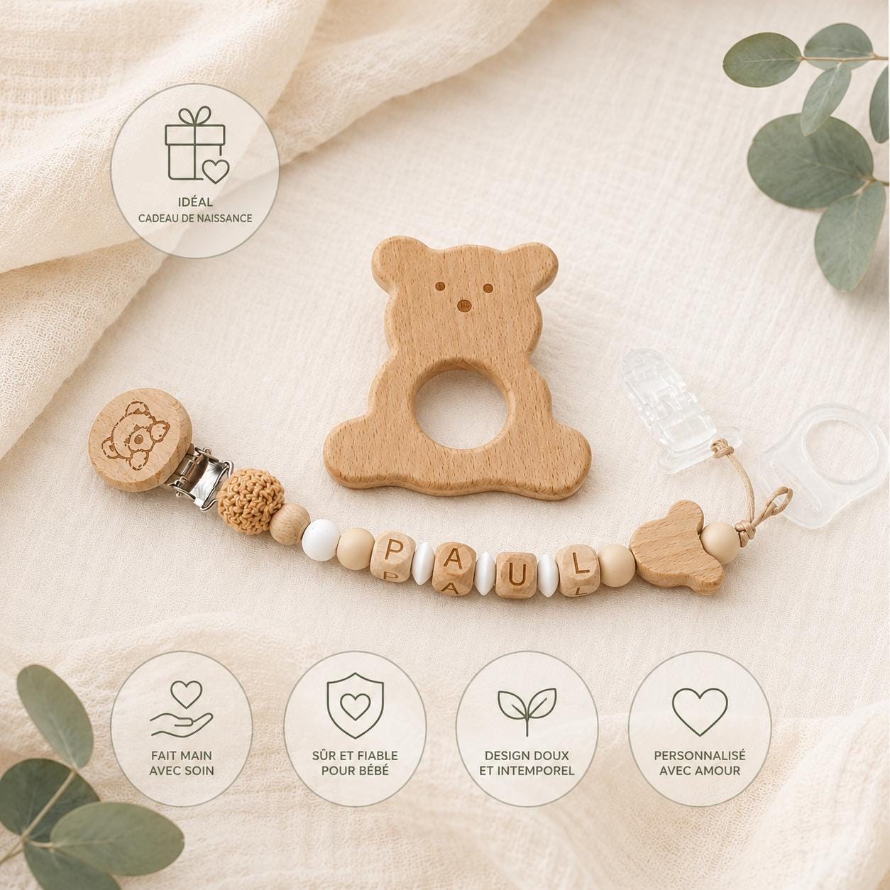 Attache sucette personnalisée ourson naturel – bois et silicone – vue 5