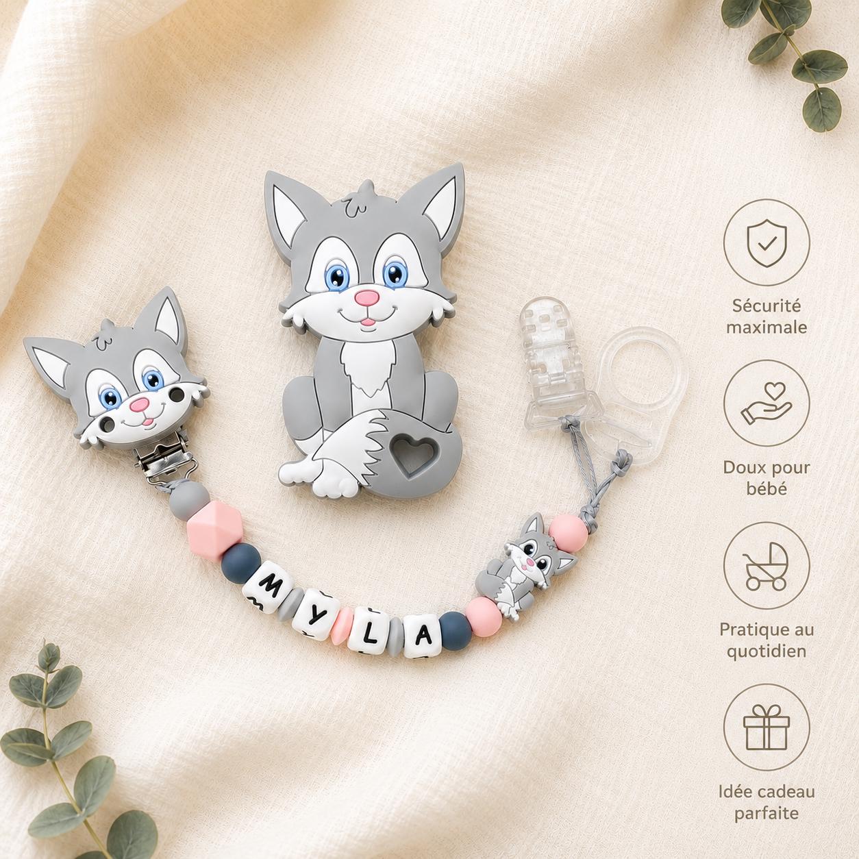 Attache sucette personnalisée chat gris ou orange – silicone – vue 8