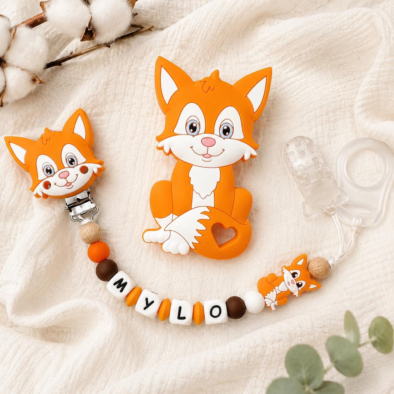 Attache sucette personnalisée chat gris ou orange – silicone – vue 2