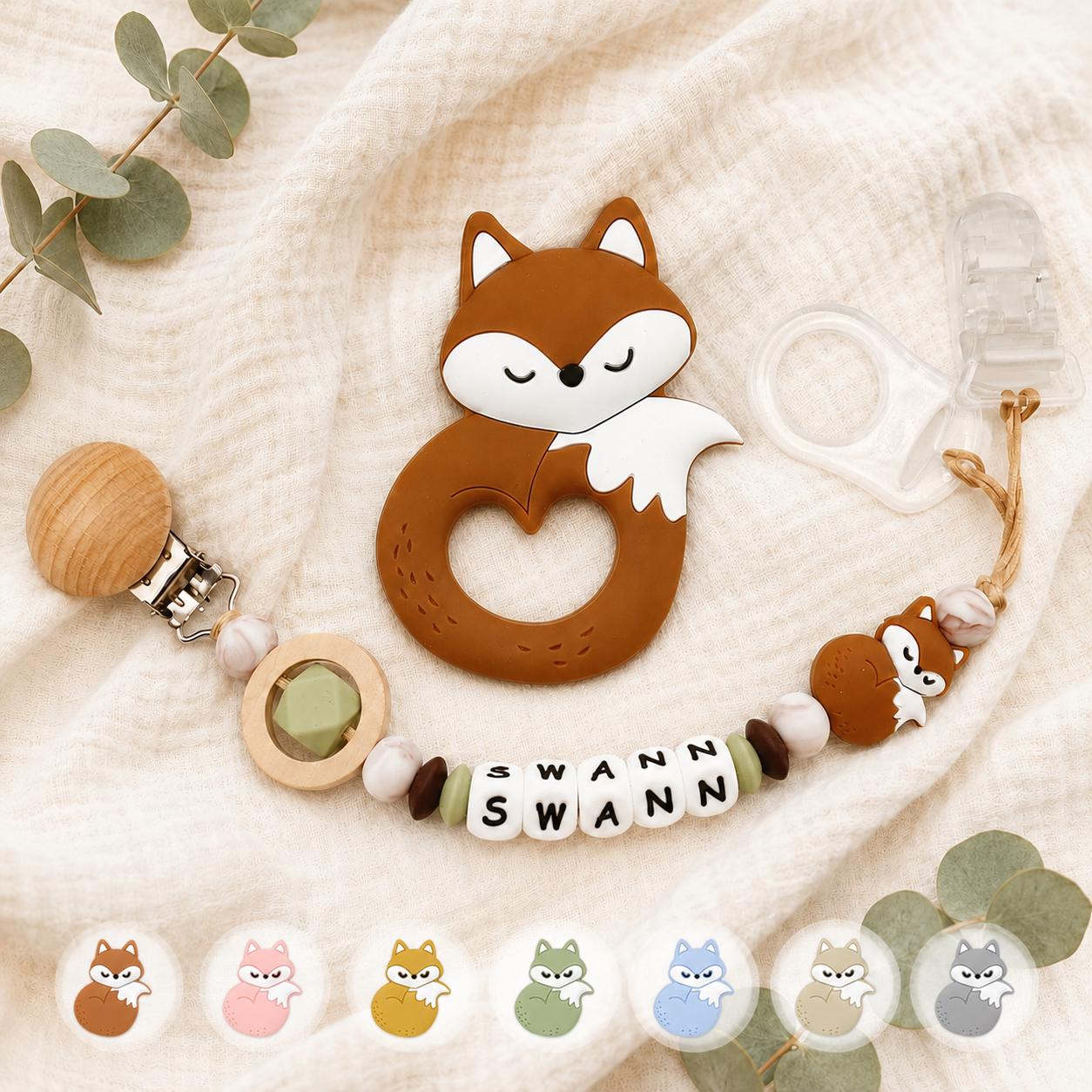 Attache sucette personnalisée renard multicolore – silicone – photo principale