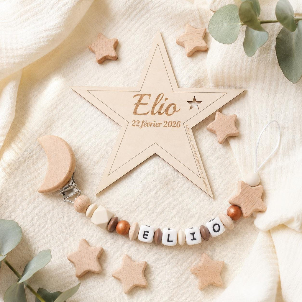 Attache sucette personnalisée étoile et lune – silicone – photo principale