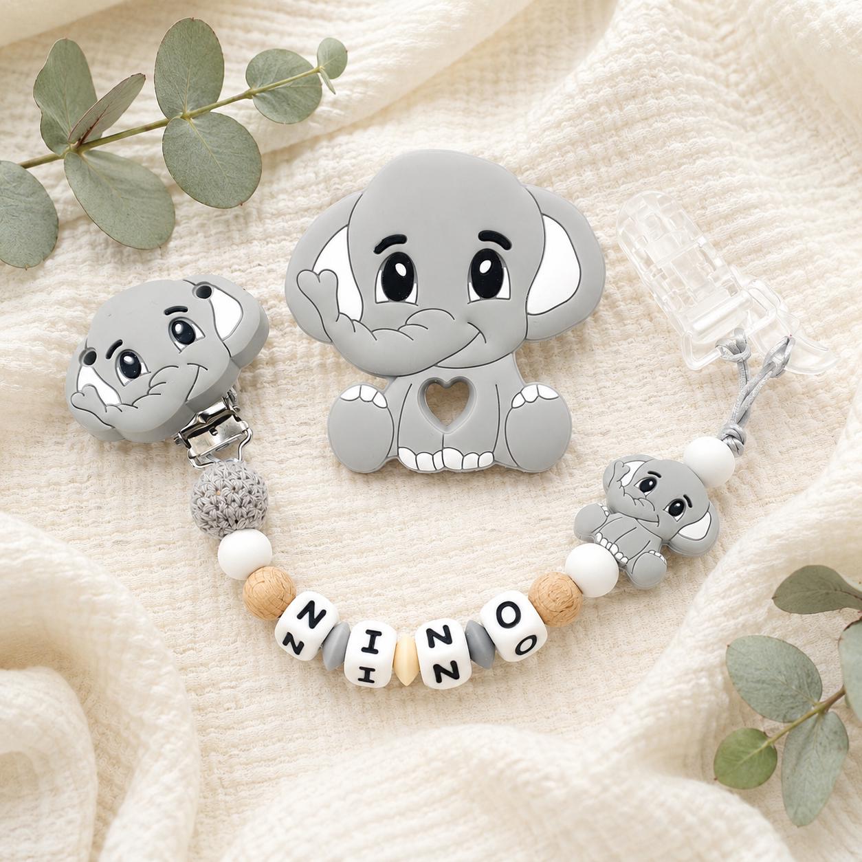 Attache sucette personnalisée éléphant pastel – silicone – photo principale