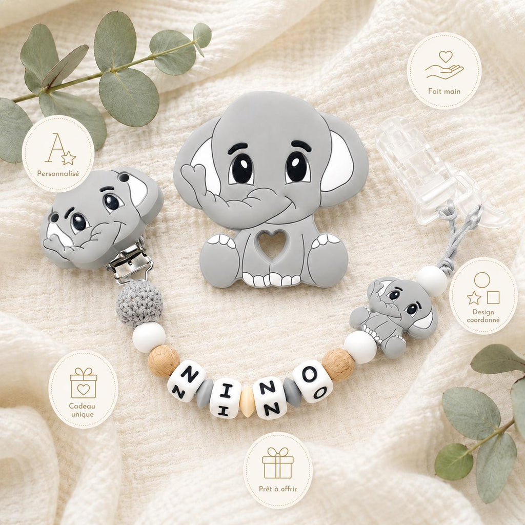 Attache sucette personnalisée éléphant pastel – silicone – vue 5