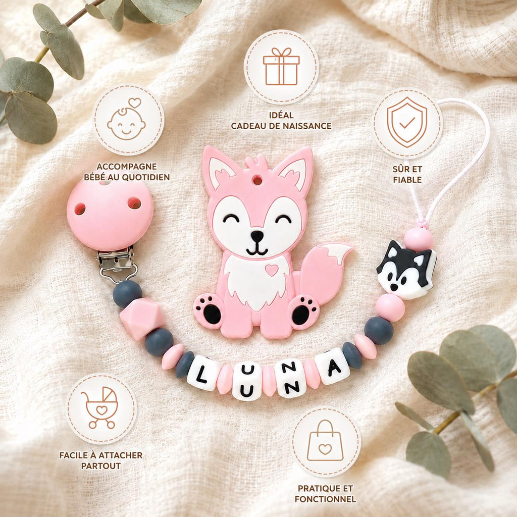 Attache sucette personnalisée loup rose – silicone – vue 5