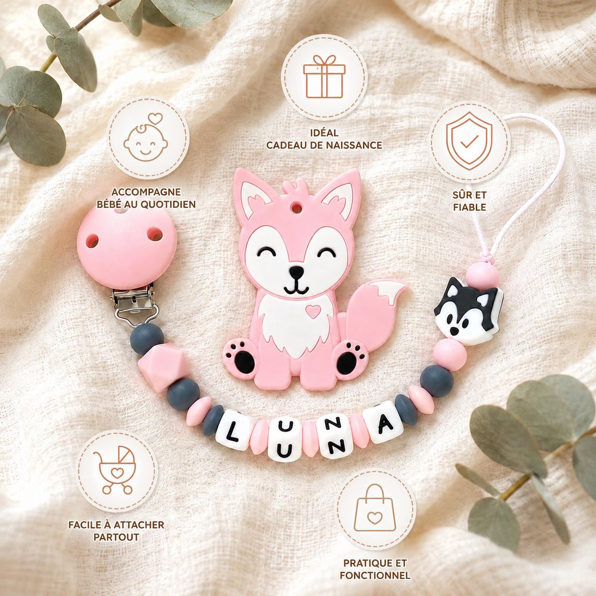 Attache sucette personnalisée loup rose – silicone – vue 5
