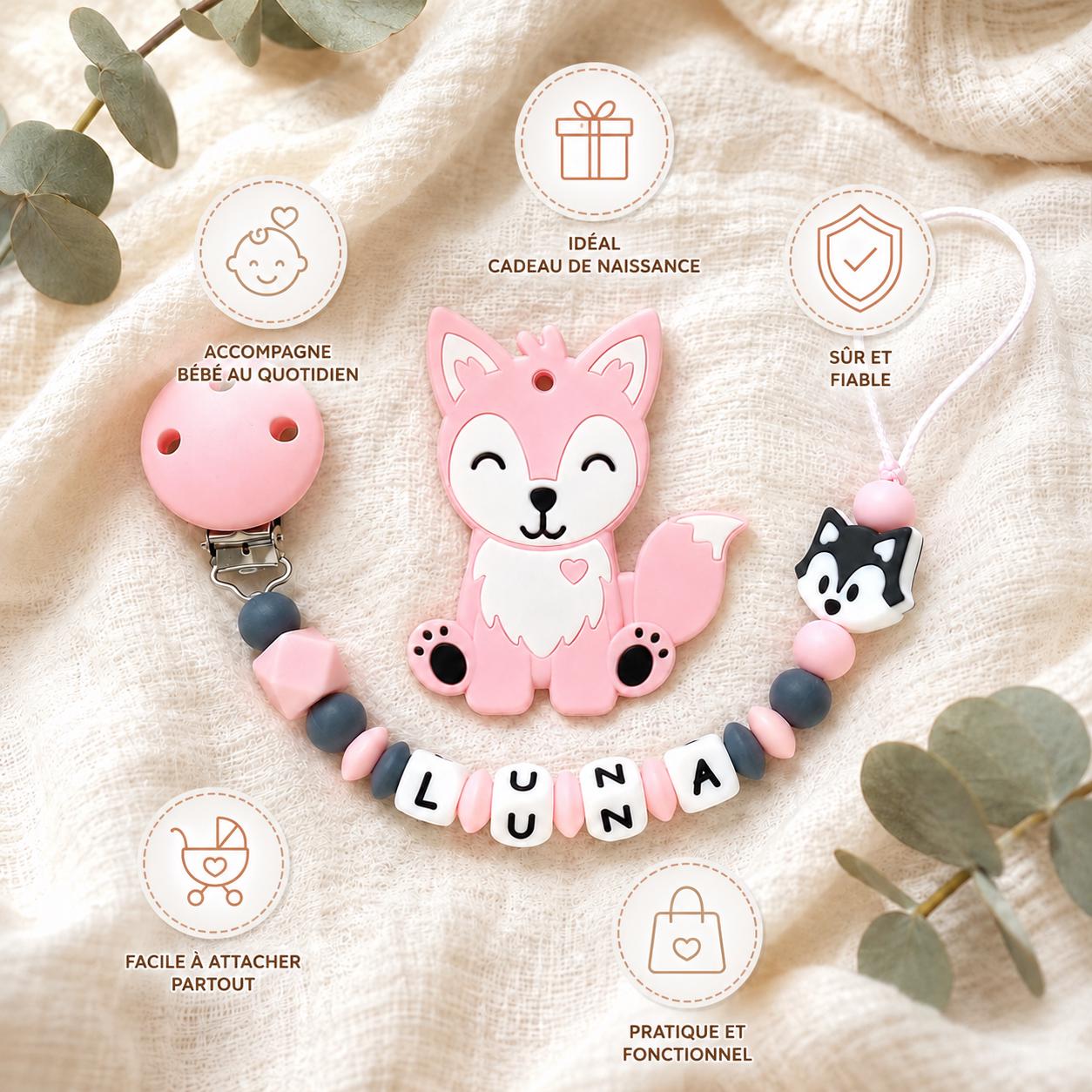 Attache sucette personnalisée loup rose – silicone – vue 5