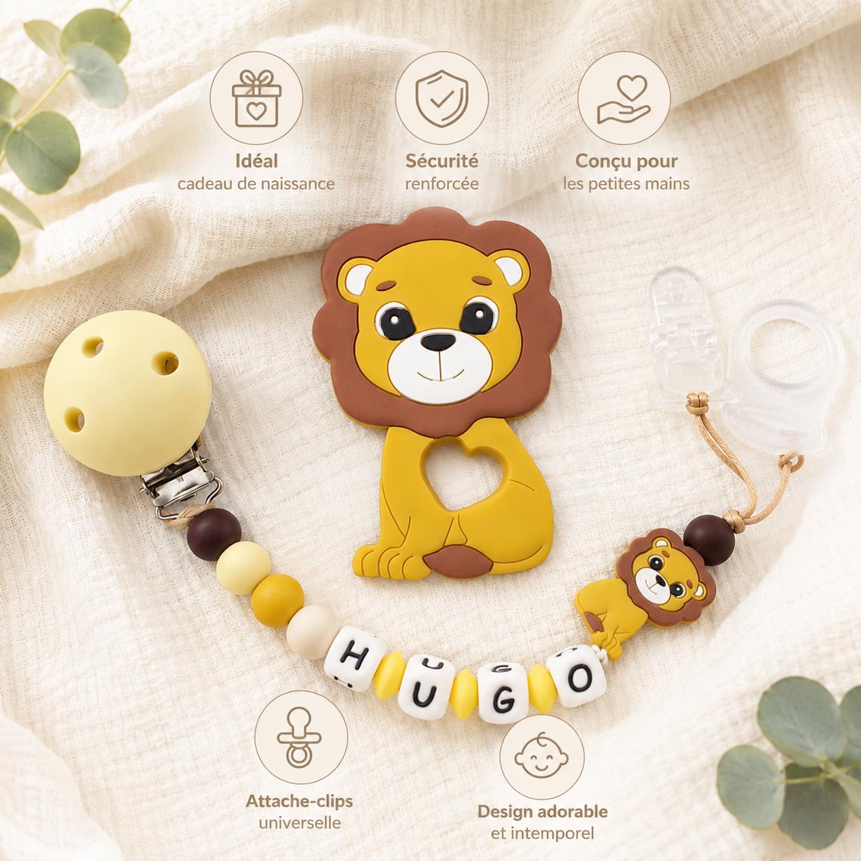Attache sucette personnalisée lion – silicone – vue 5