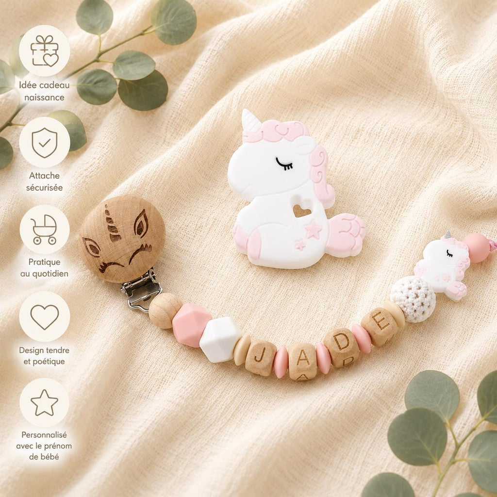 Attache sucette personnalisée licorne gravée – bois et silicone – vue 4