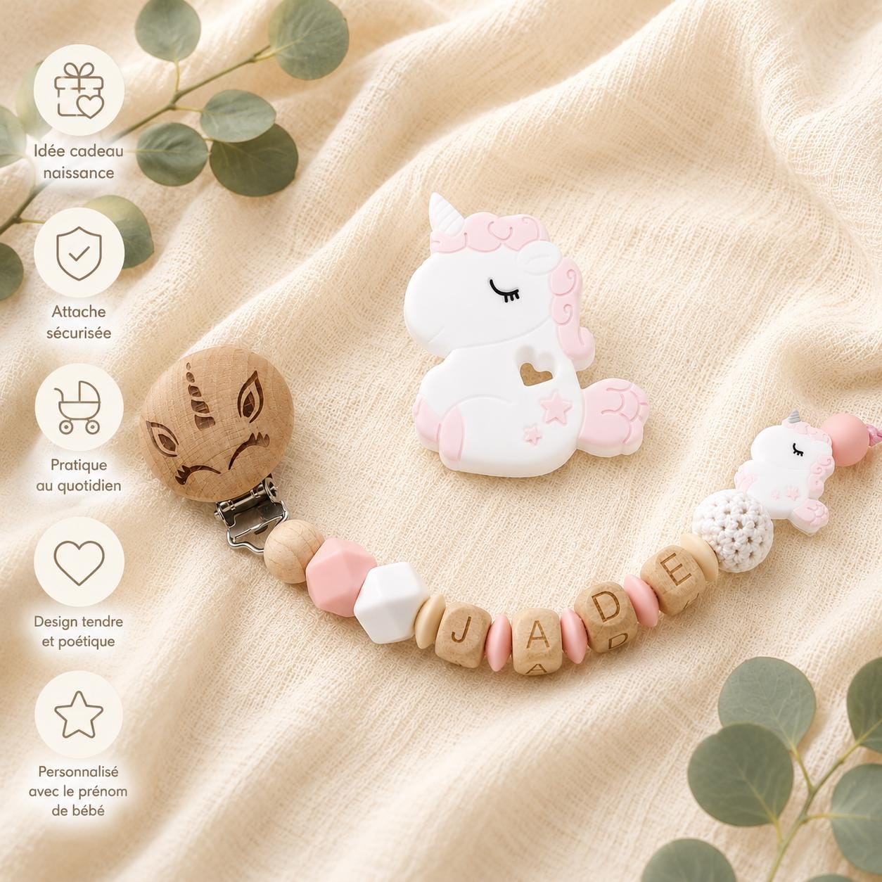 Attache sucette personnalisée licorne gravée – bois et silicone – vue 4