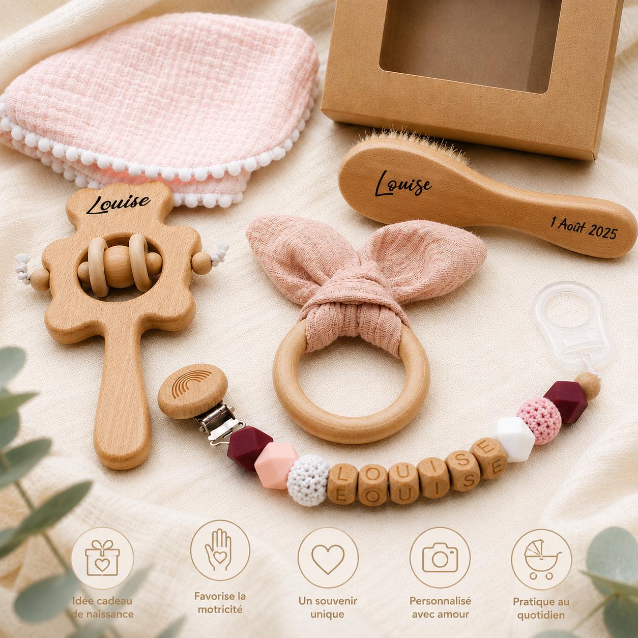 Coffret naissance lapin rose personnalisé – 5 pièces – vue 4