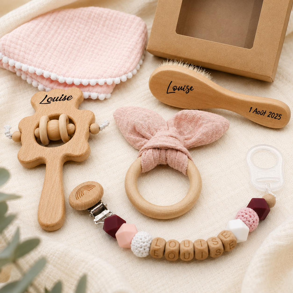 Coffret naissance lapin rose personnalisé – 5 pièces – vue 3