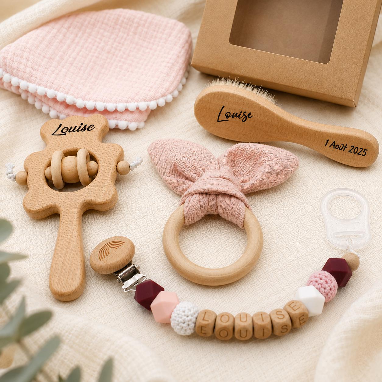 Coffret naissance lapin rose personnalisé – 5 pièces – vue 3