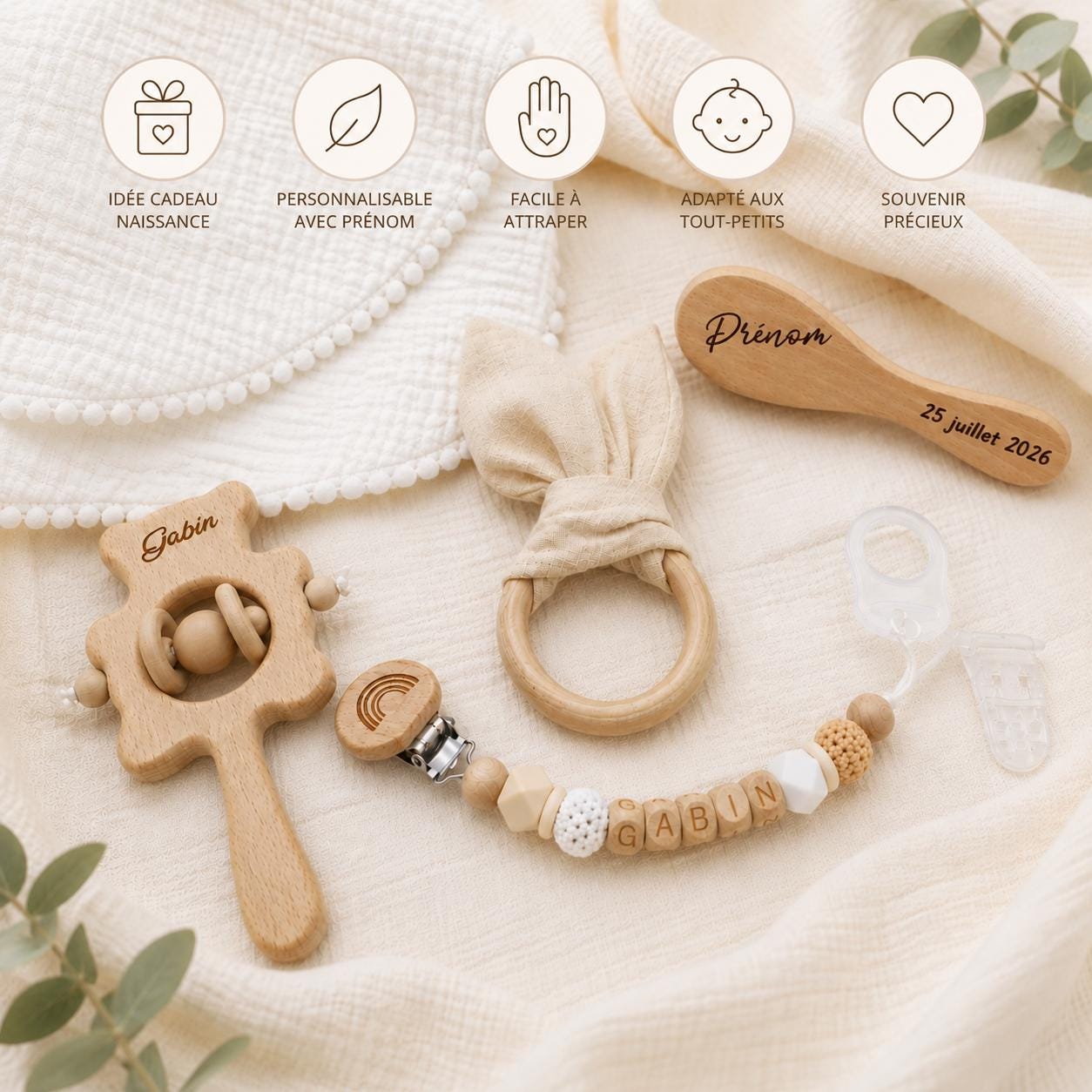 Coffret naissance lapin beige personnalisé – 5 pièces – vue 5