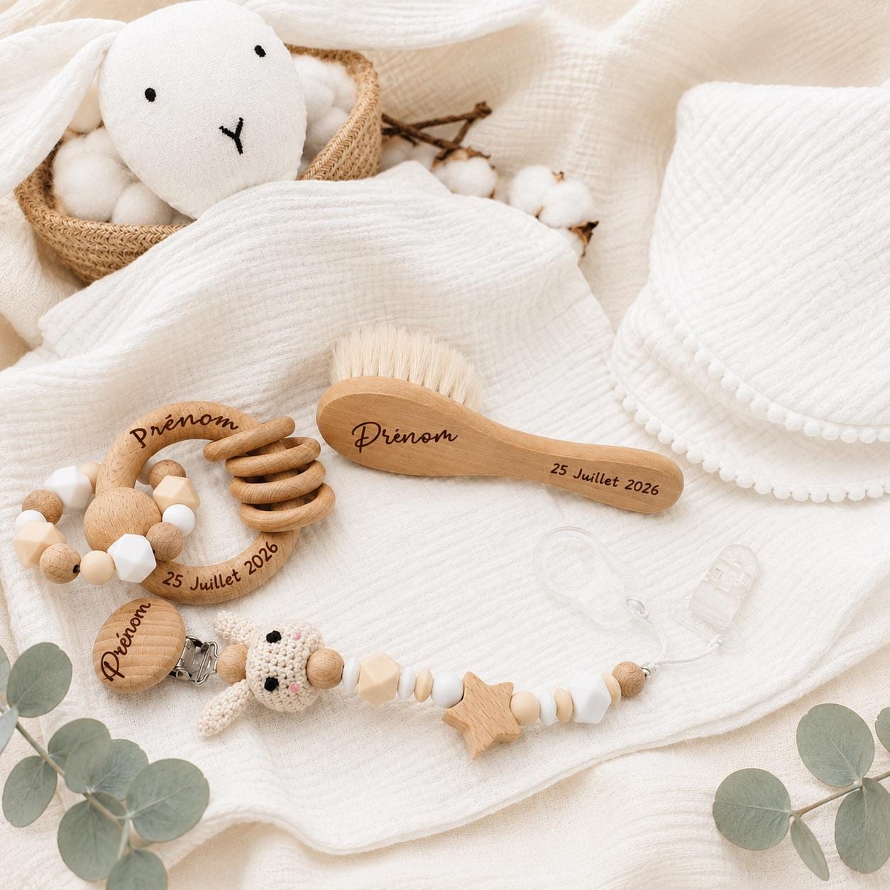 Coffret naissance personnalisé lapin – 5 pièces avec doudou – vue 2