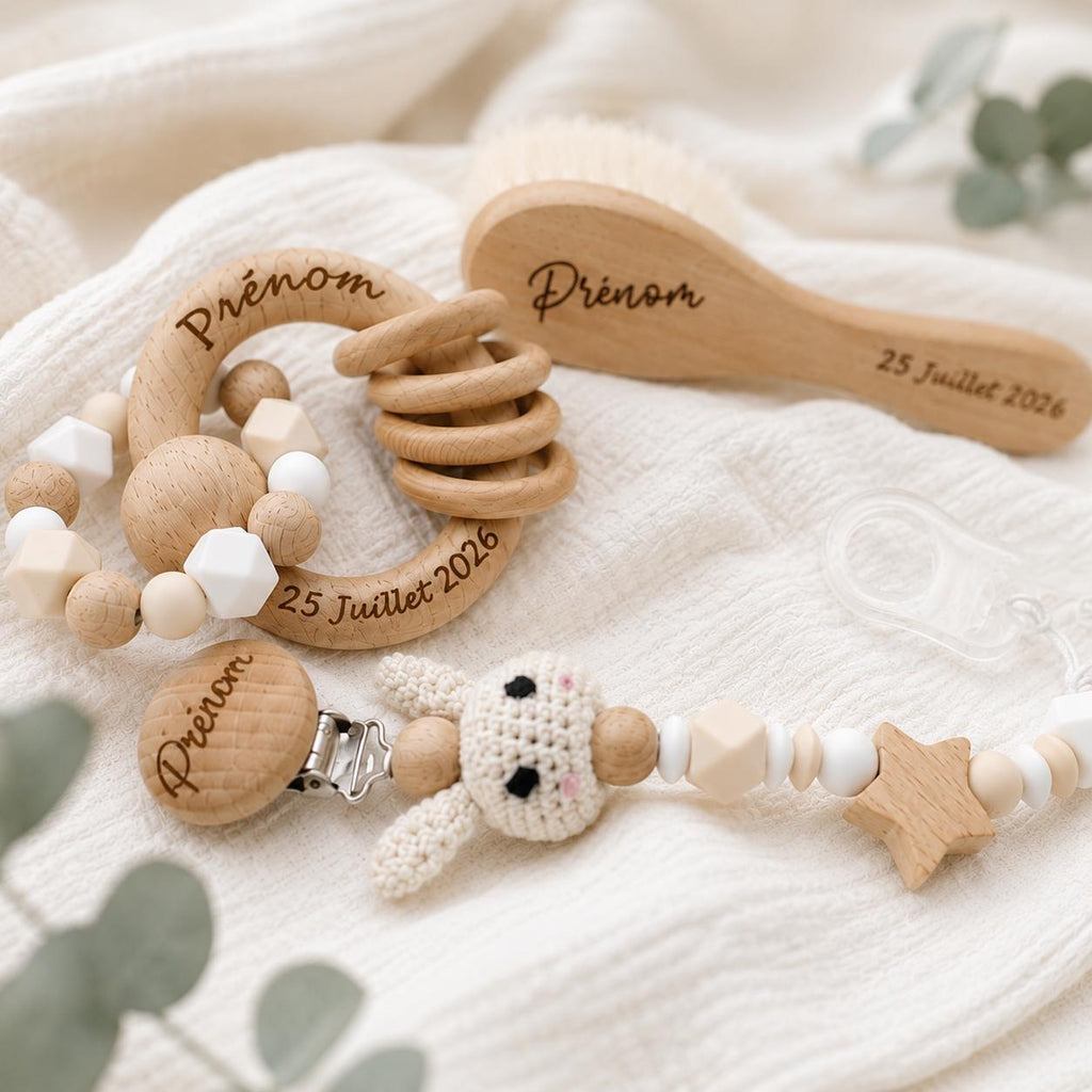 Coffret naissance personnalisé lapin – 5 pièces avec doudou – vue 3