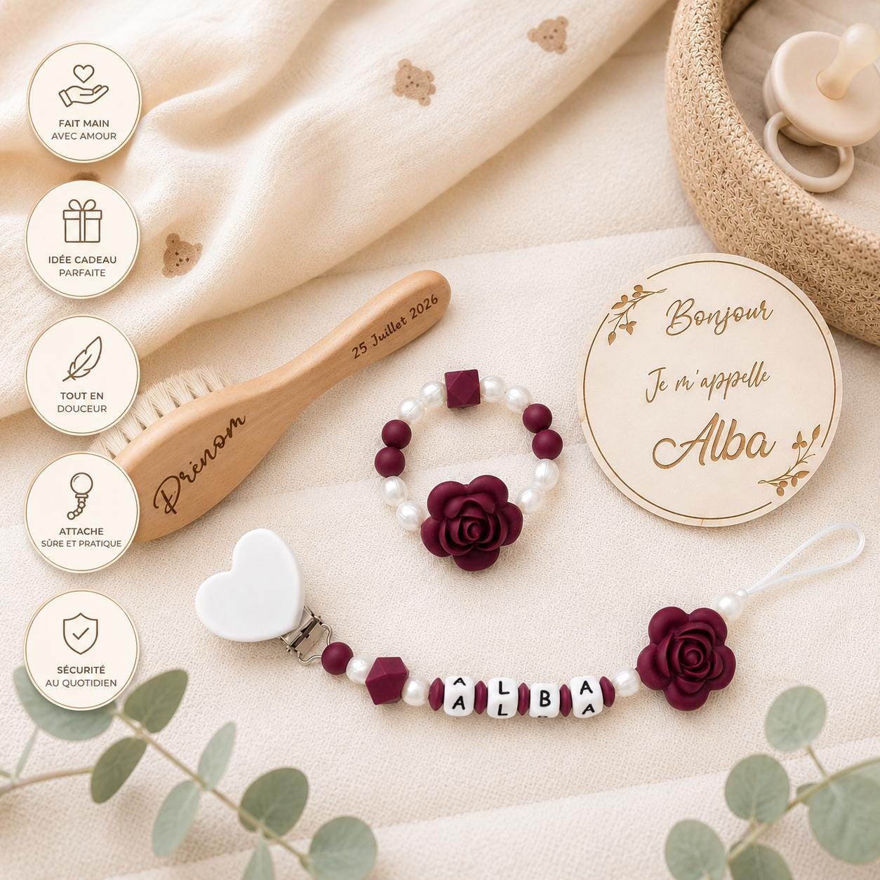 Coffret naissance personnalisé fleur – 5 pièces – vue 5