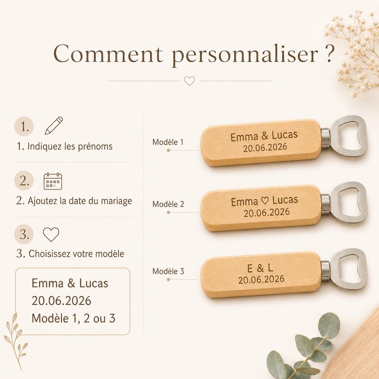 Décapsuleur mariage personnalisé en bois – cadeau invité – vue 7