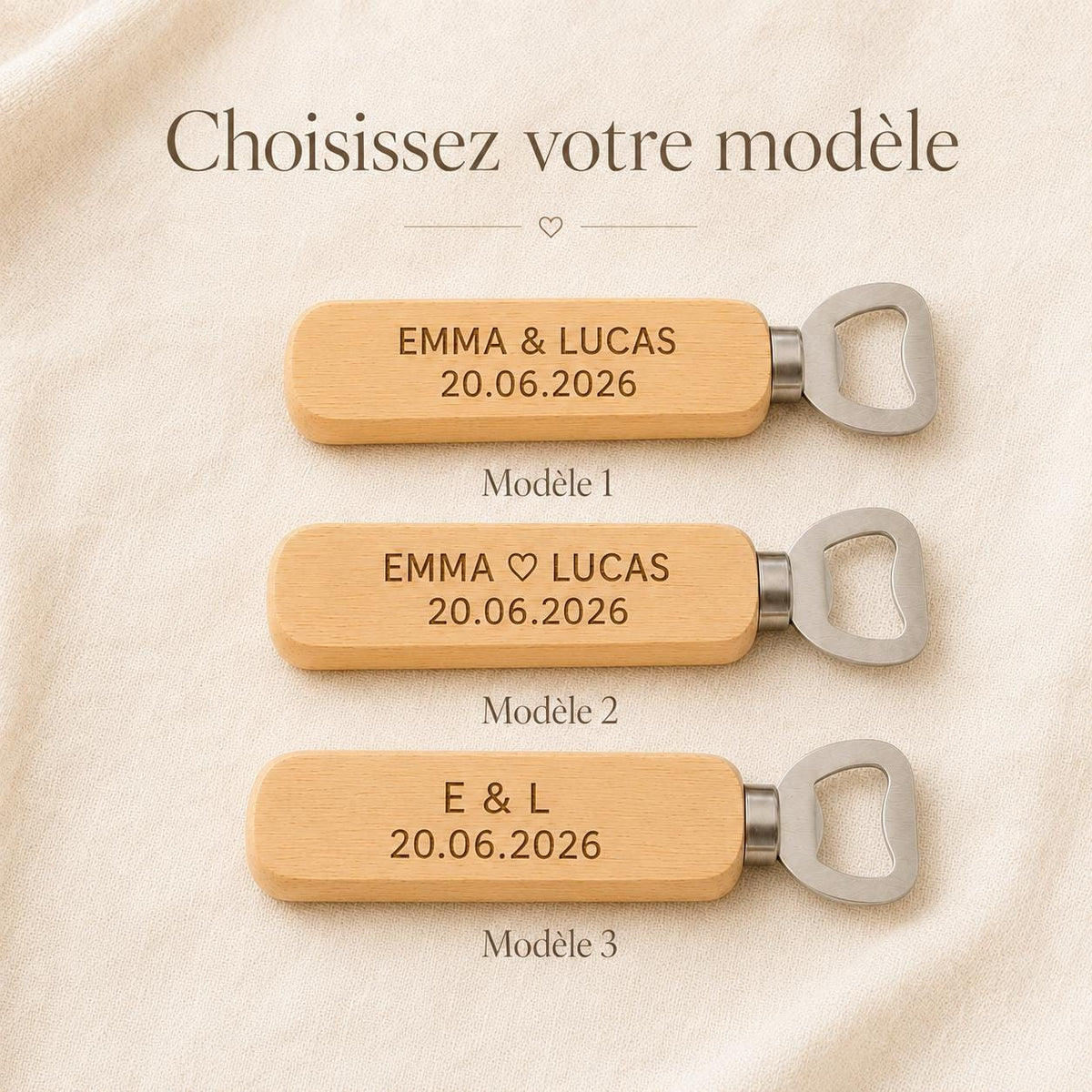 Décapsuleur mariage personnalisé en bois – cadeau invité – vue 5
