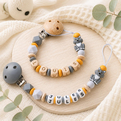 Attache sucette personnalisée loup gris et orange en silicone – vue 3