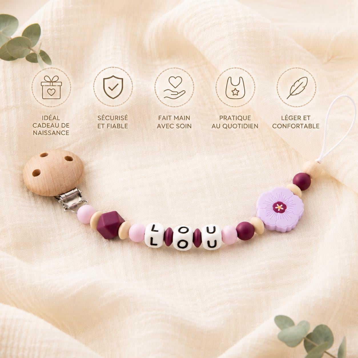 Attache sucette personnalisée fleur moderne – silicone – vue 5