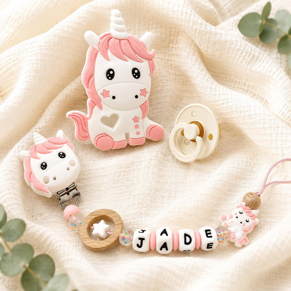 Attache sucette personnalisée licorne pastel – silicone – photo principale