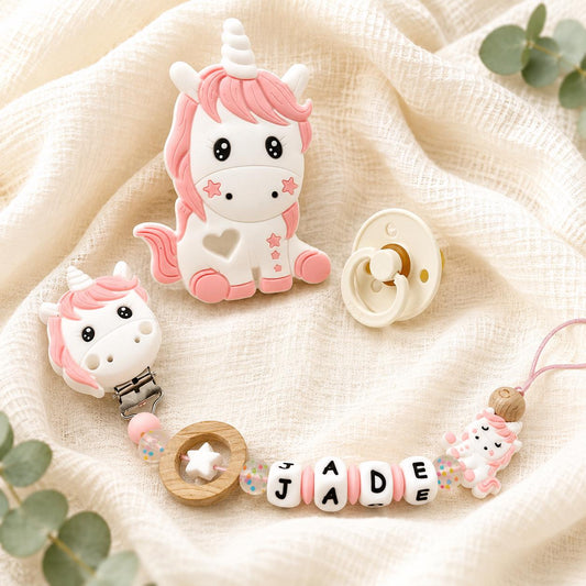 Attache sucette personnalisée licorne pastel – silicone – photo principale