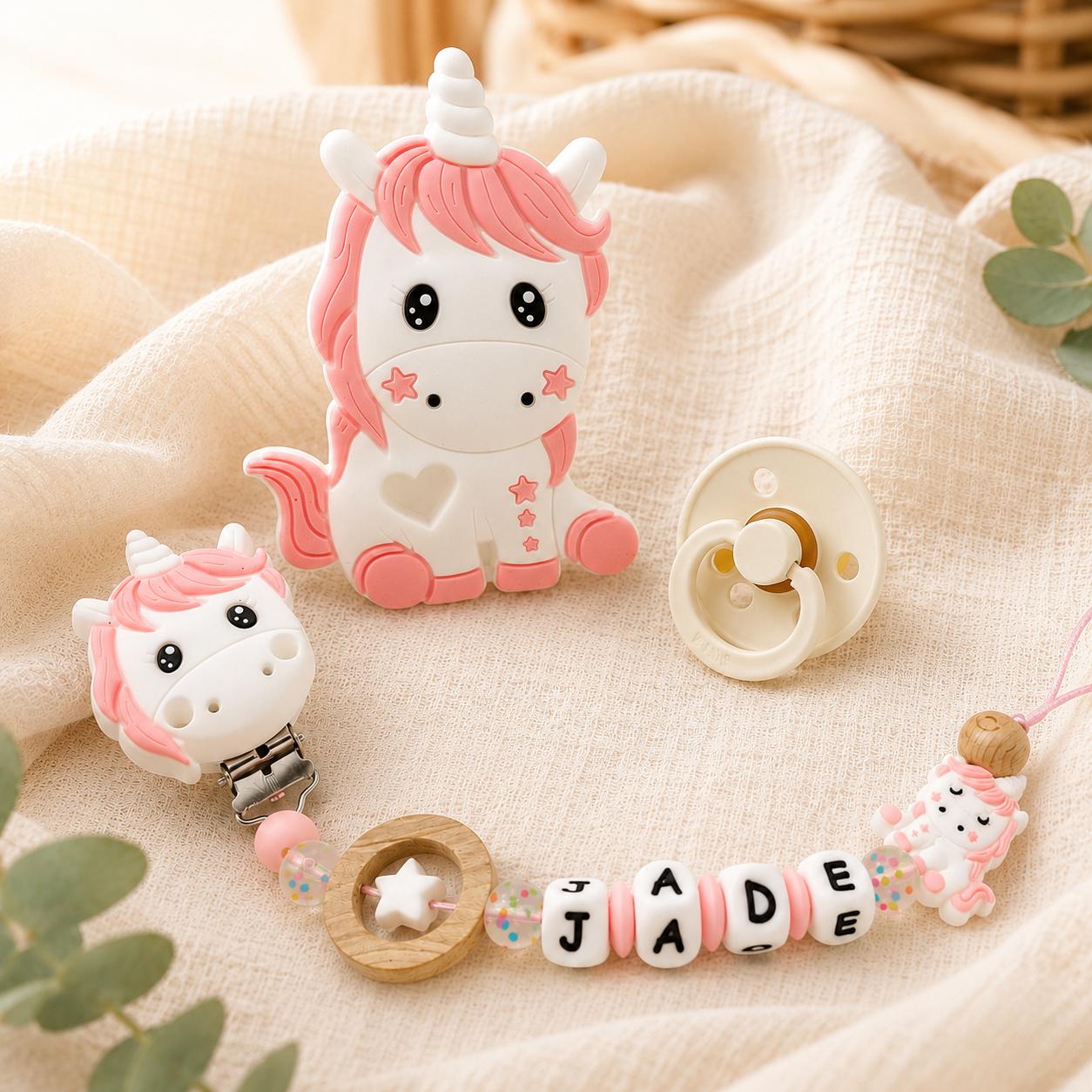 Attache sucette personnalisée licorne pastel – silicone – vue 3