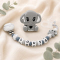 Attache sucette personnalisée éléphant – silicone et bois – photo principale
