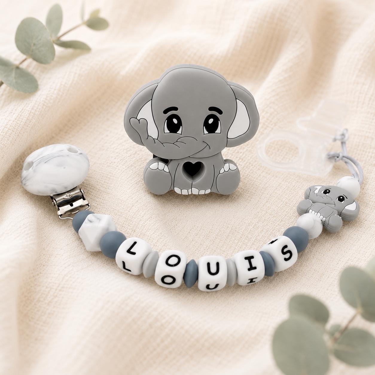 Attache sucette personnalisée éléphant – silicone et bois – photo principale