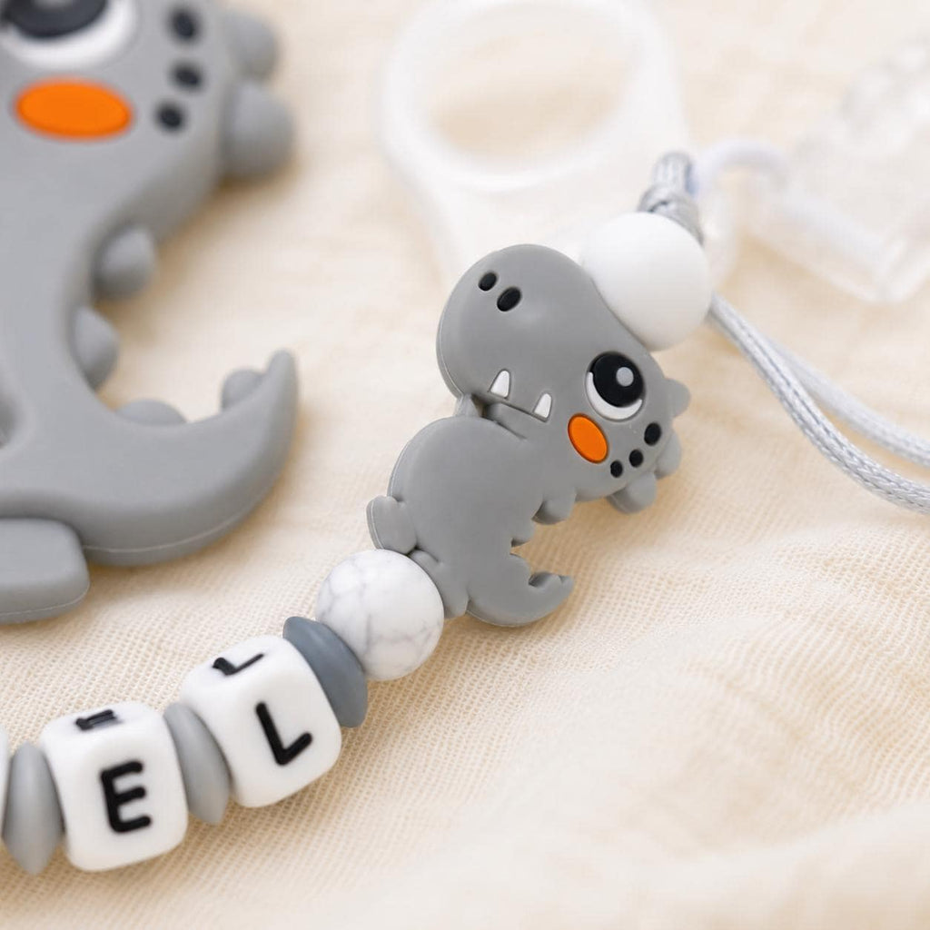 Attache sucette personnalisée dinosaure gris ou vert – silicone – vue 6