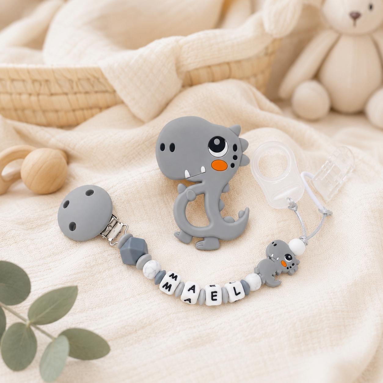 Attache sucette personnalisée dinosaure gris ou vert – silicone – vue 2
