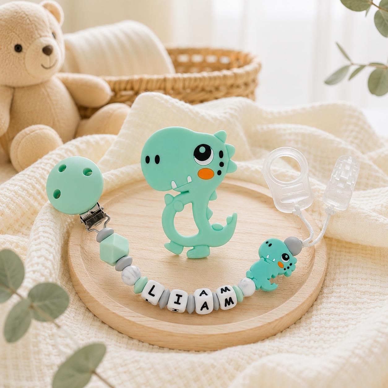 Attache sucette personnalisée dinosaure gris ou vert – silicone – vue 3