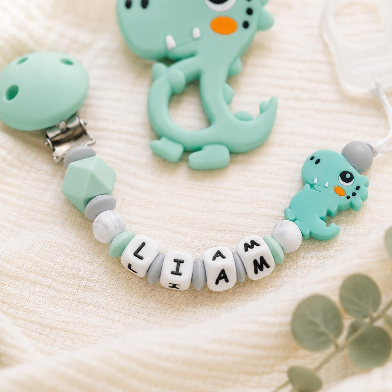 Attache sucette personnalisée dinosaure gris ou vert – silicone – vue 5