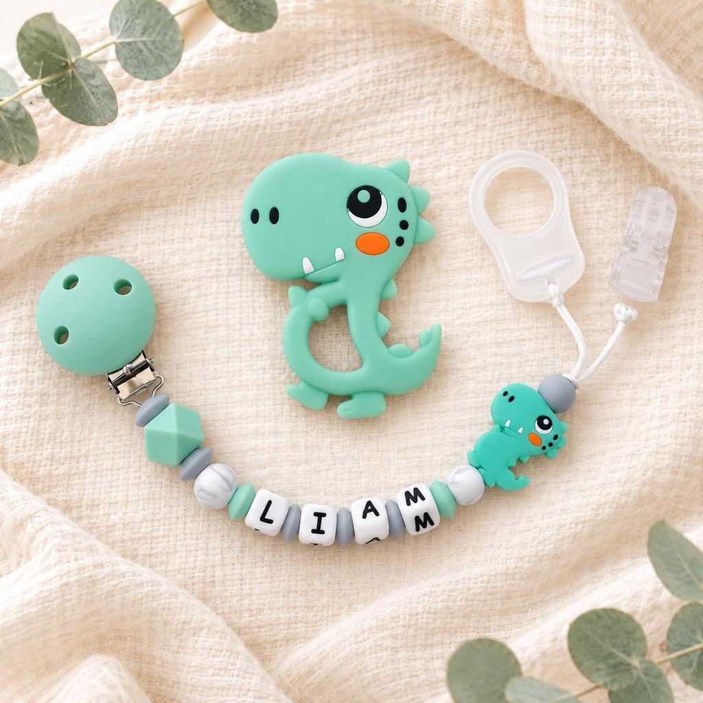 Attache sucette personnalisée dinosaure gris ou vert – silicone – vue 9