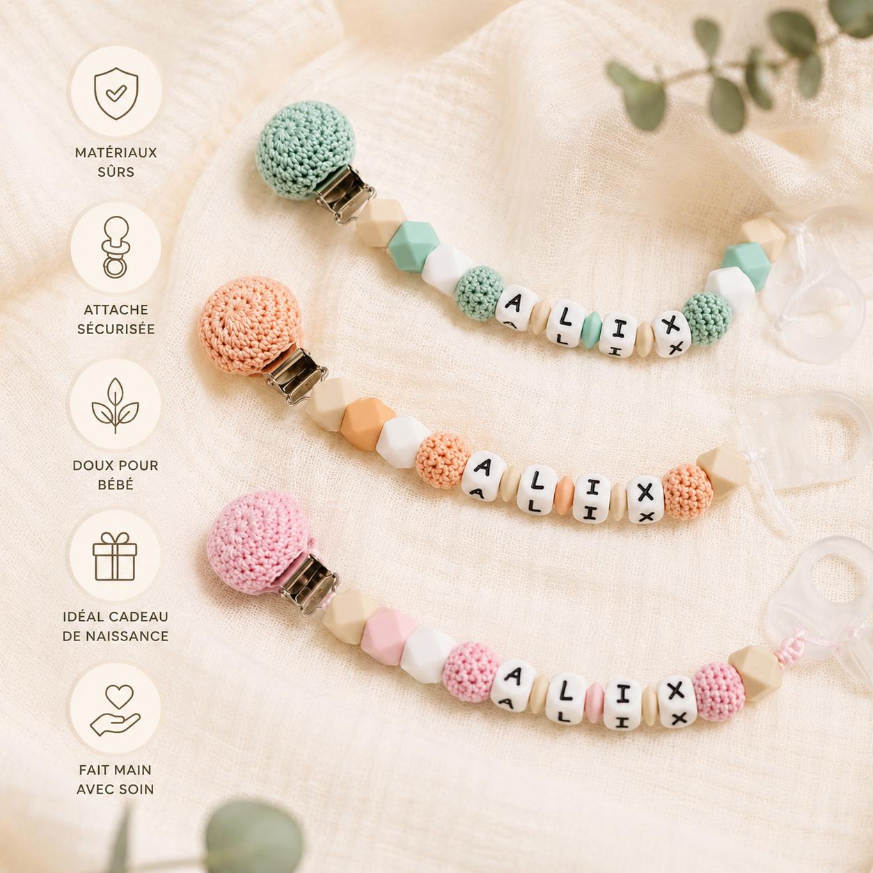 Attache sucette personnalisée crochet coloré – silicone – vue 5