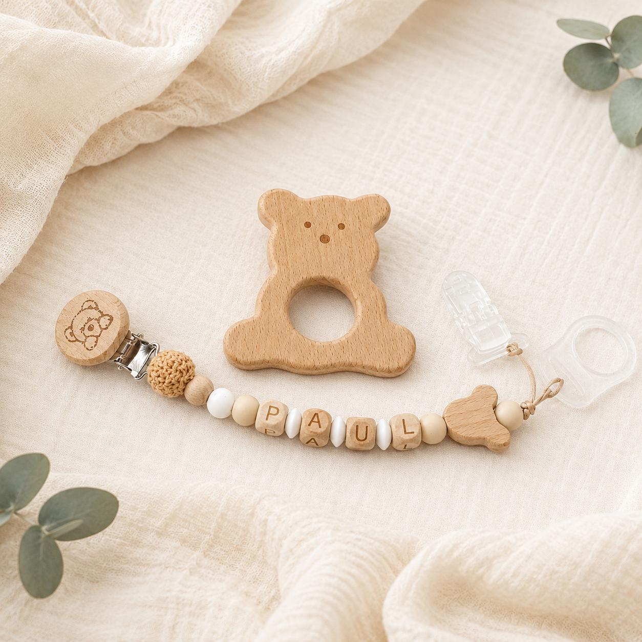Attache sucette personnalisée ourson naturel – bois et silicone – photo principale